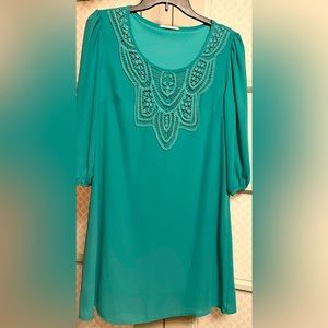 Ezra crochet neckline 3/4 sleeve Aqua colored dress